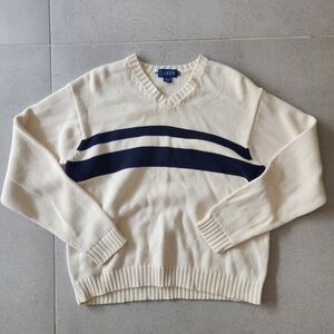 J. Crew V-Neck Sweater in Cream with Navy Stripes Medium